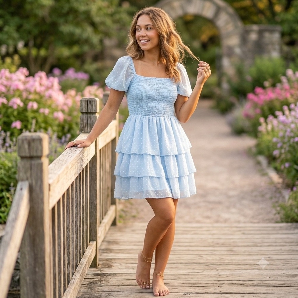 Altar'd State Swiss Dot Tiered Mini Dress Smocked Puff Sleeve Light Blue Boho XS
